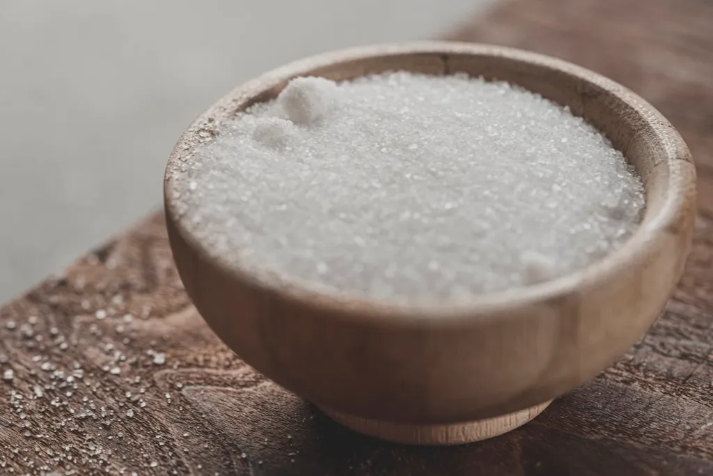 A small wooden bowl filled with white sugar on a wooden table