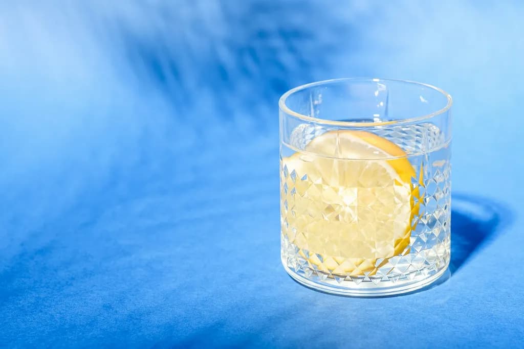 A glass of water with a slice of lemon