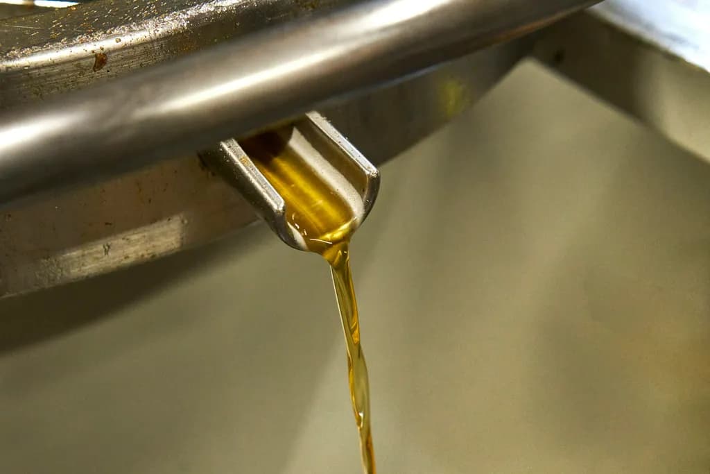Golden oil pouring in a thin stream into a container