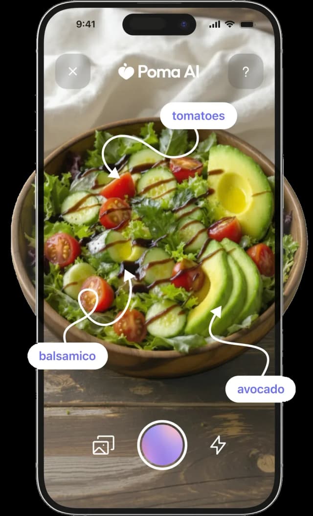 Poma AI camera view identifying ingredients like tomatoes, balsamico, and avocado in a salad