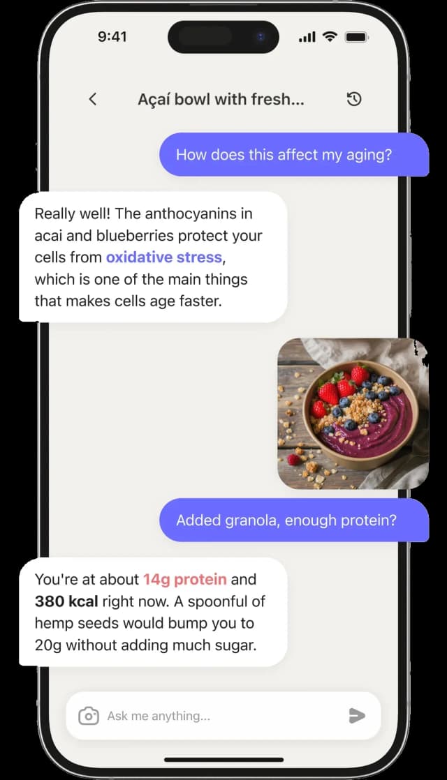 Poma AI chat showing conversation about açaí bowl, discussing aging effects and protein content