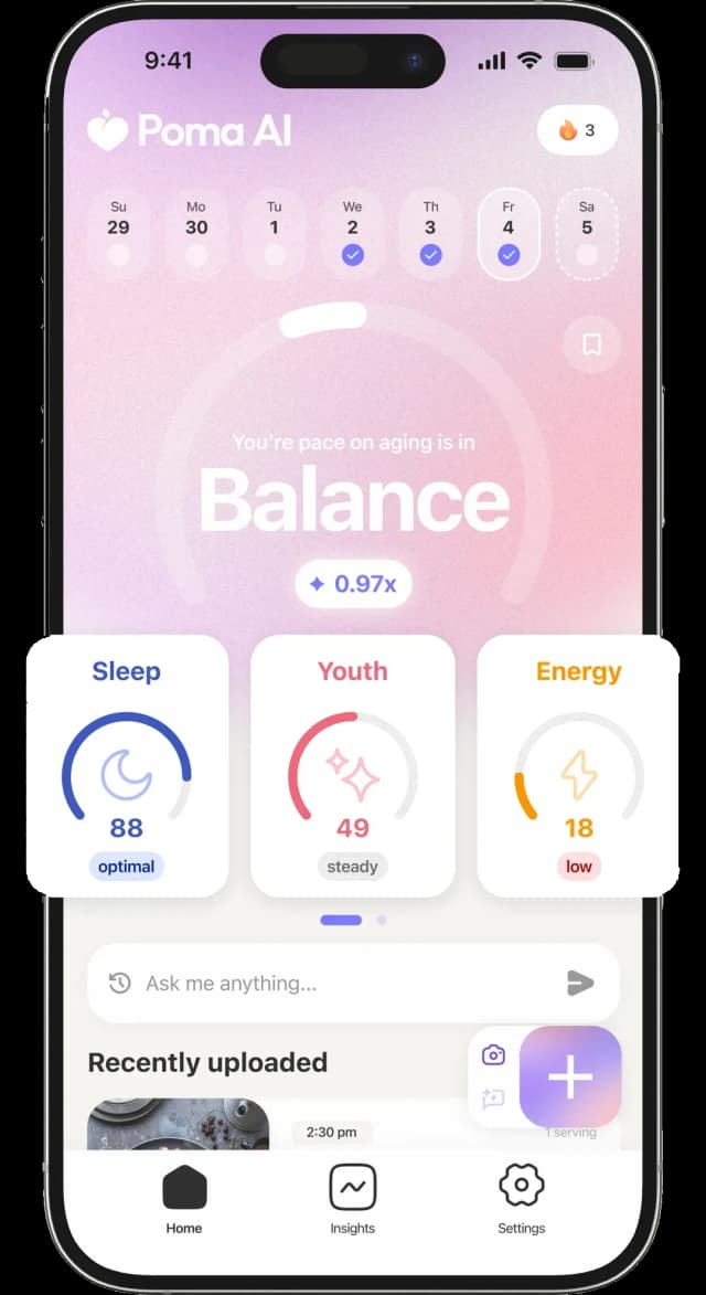Poma AI app showing your pace of aging in Balance with Sleep, Youth, and Energy scores
