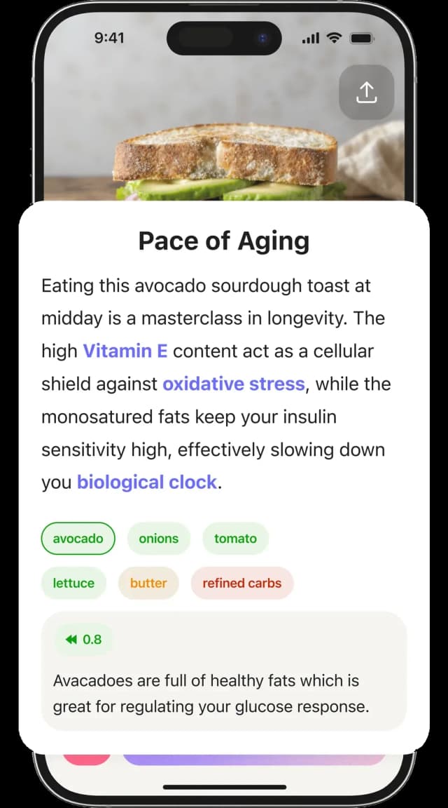 Poma AI ingredient detail showing Pace of Aging analysis with ingredient tags and health insights