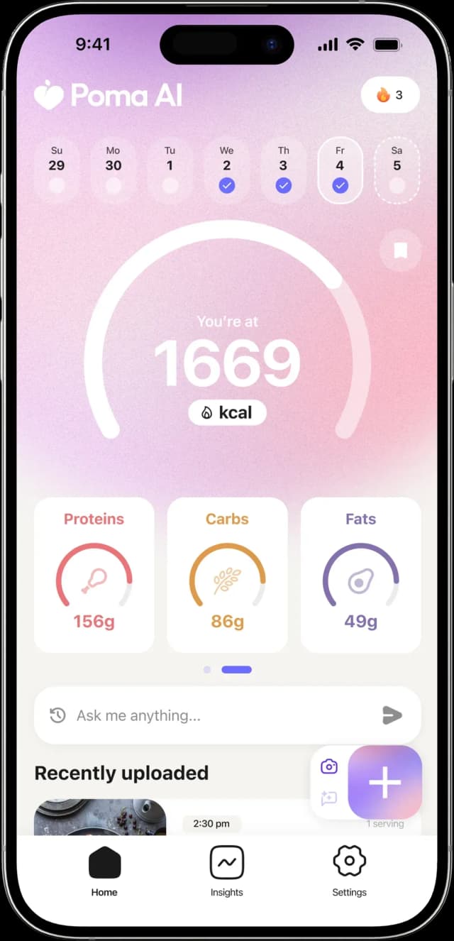 Poma AI macro tracking view showing 1669 kcal with proteins, carbs, and fats breakdown