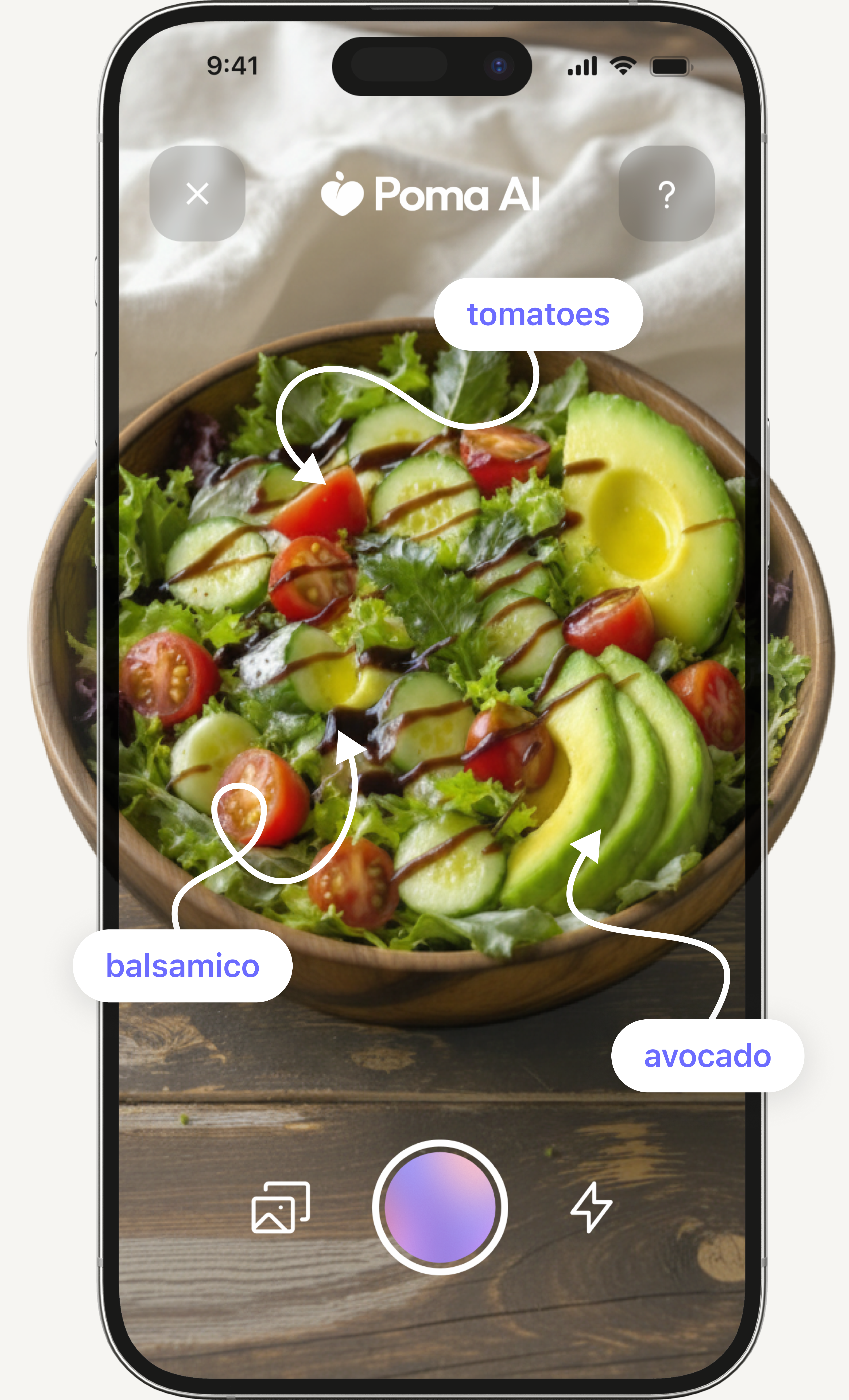 Poma AI camera view identifying ingredients like tomatoes, balsamico, and avocado in a salad