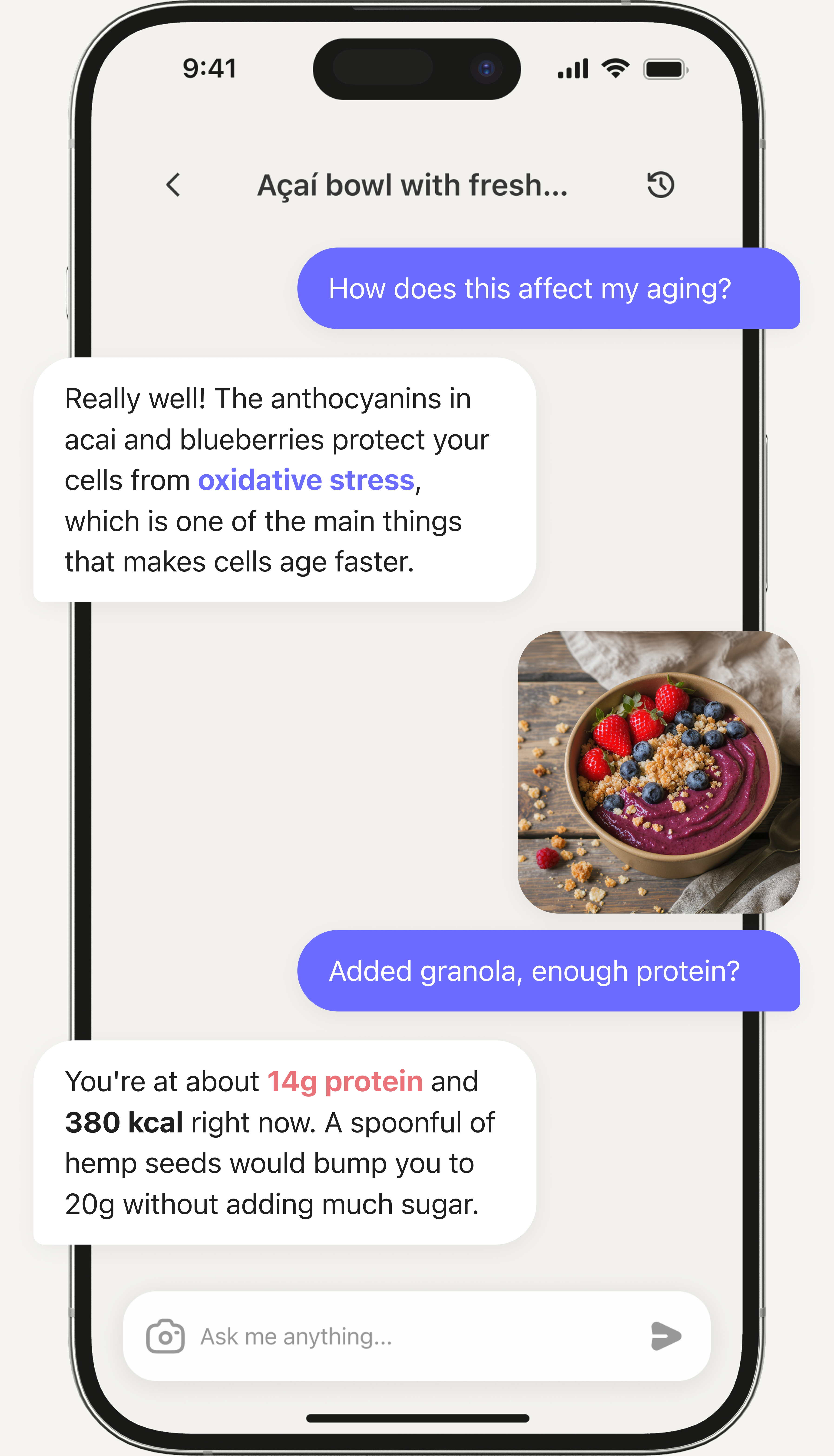 Poma AI chat showing conversation about açaí bowl, discussing aging effects and protein content