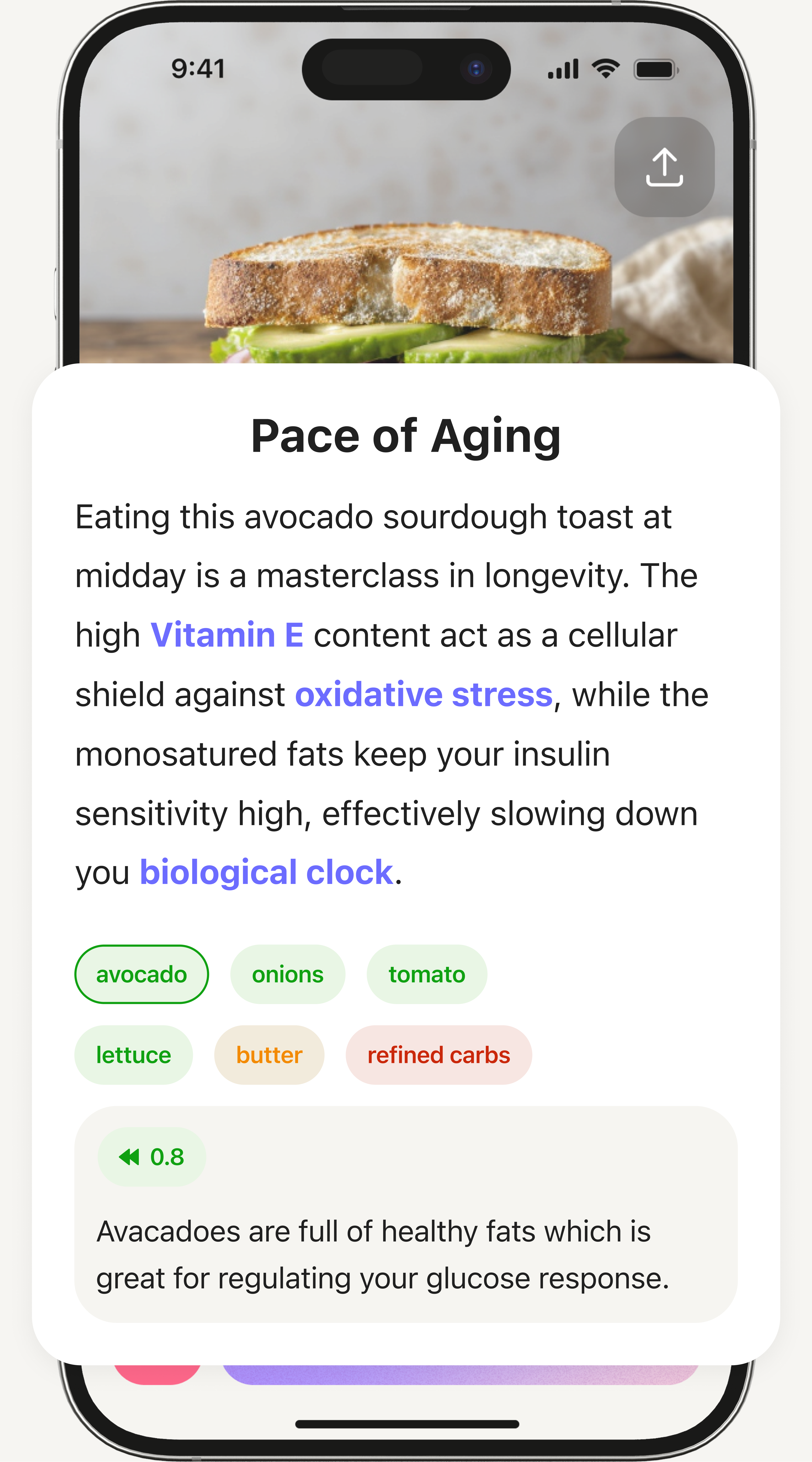 Poma AI ingredient detail showing Pace of Aging analysis with ingredient tags and health insights