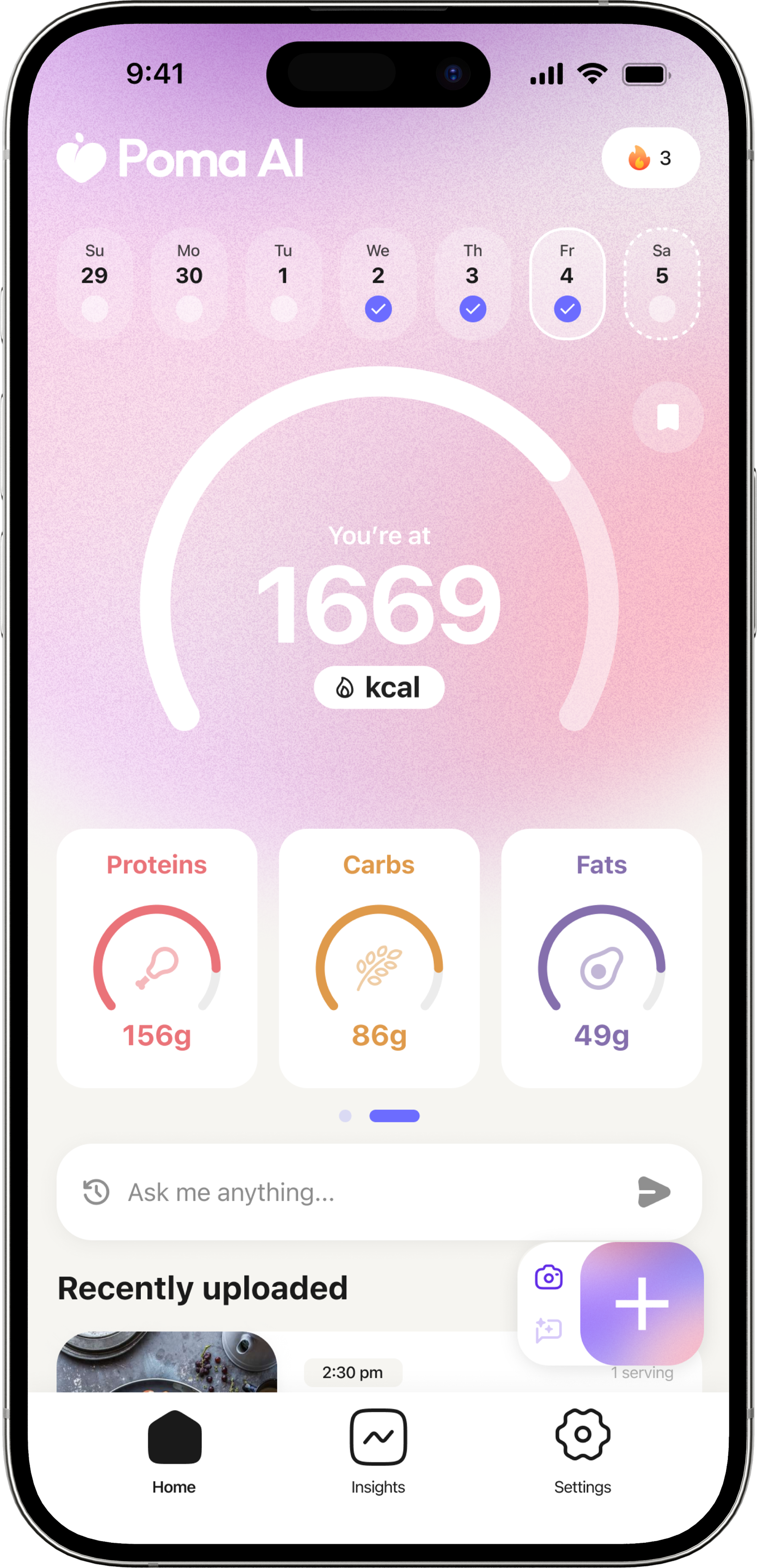 Poma AI macro tracking view showing 1669 kcal with proteins, carbs, and fats breakdown